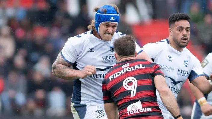 Bastien Chalureau (Montpellier) provoque Antoine Dupont (Toulouse) lors de la confrontation des deux &eacute;quipes, le 28 mars dernier.