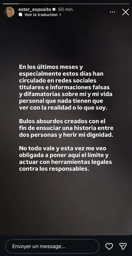 Le message d’Ester Expósito sur InstagramCapture d’écran