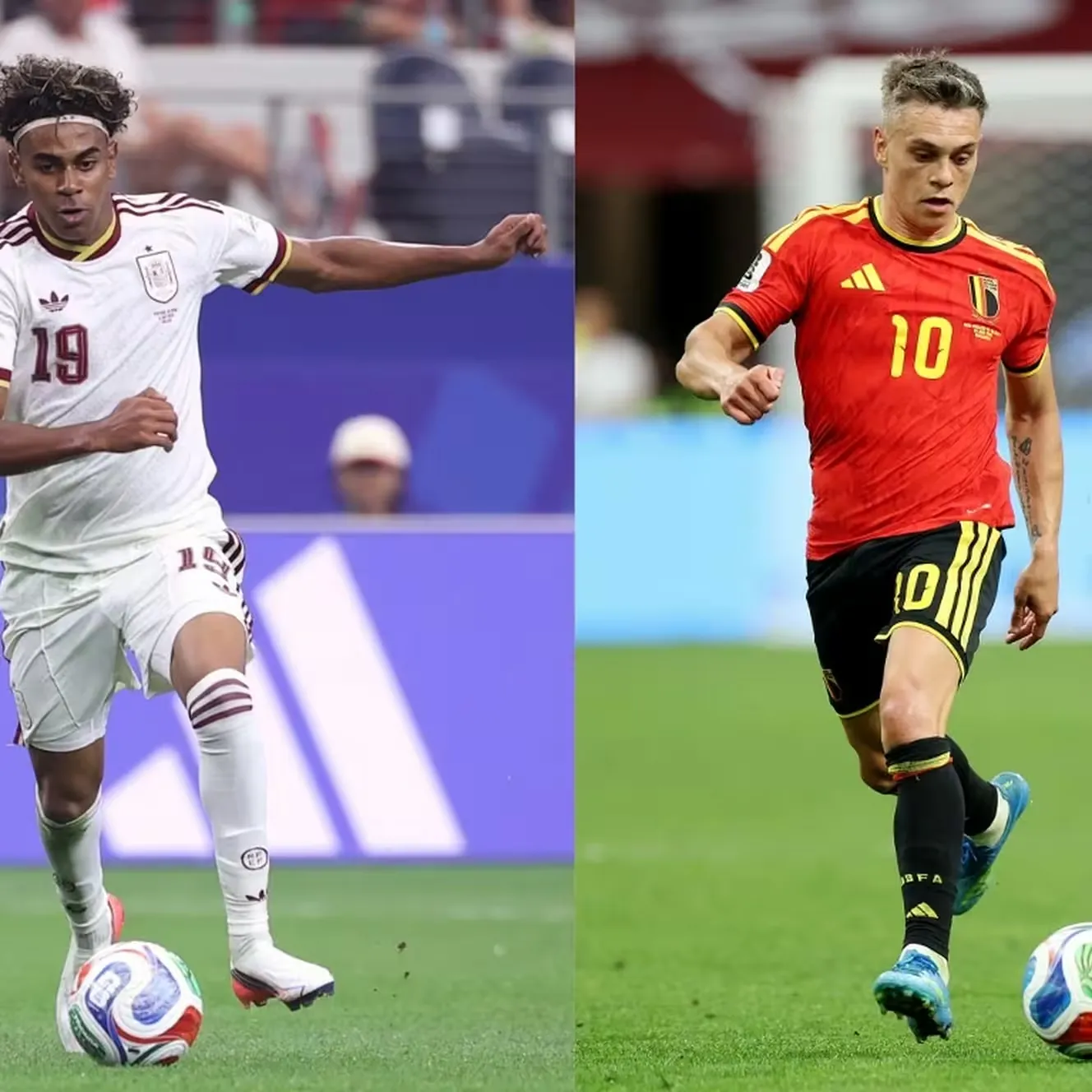 L'attaquant espagnol Lamine Yamal (&agrave; gauche) et le Belge Leandro Trossard (&agrave; droite) vont se faire face, vendredi 10 juillet, au Los Angeles Stadium. (THOMAS COEX, EMILEE CHINN / AFP / GETTY IMAGES)