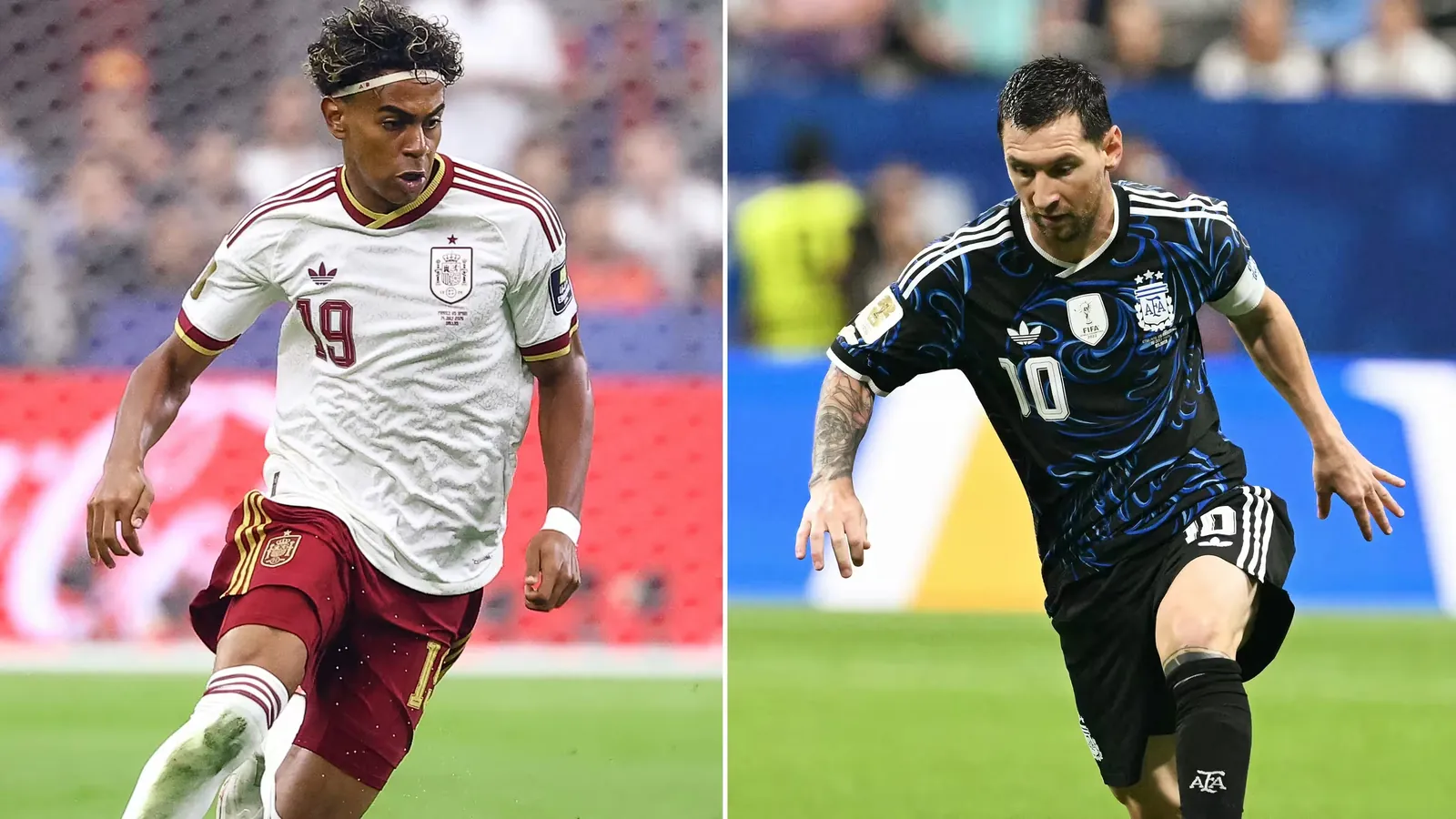 L'Espagnol Lamine Yamal et l'Argentin Lionel Messi s'affrontent en finale du Mondial, &agrave; New York, le 19 juillet 2026. (CHARLY TRIBALLEAU, ROBERTO SCHMIDT / AFP)